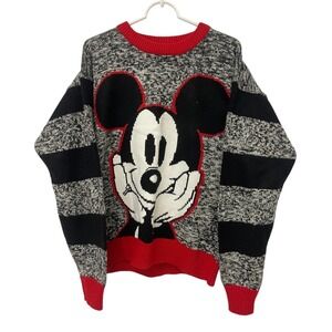 Walt Disney Mickey Mouse Big Face‎ Sweater Gray Striped Womens XL 90s Vintage